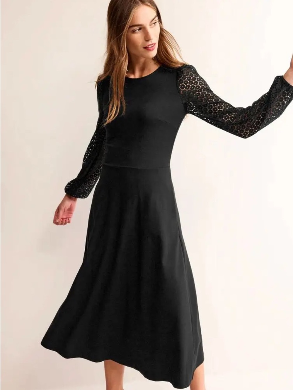 Boden Black Long Sleeve Lace Midi Dress